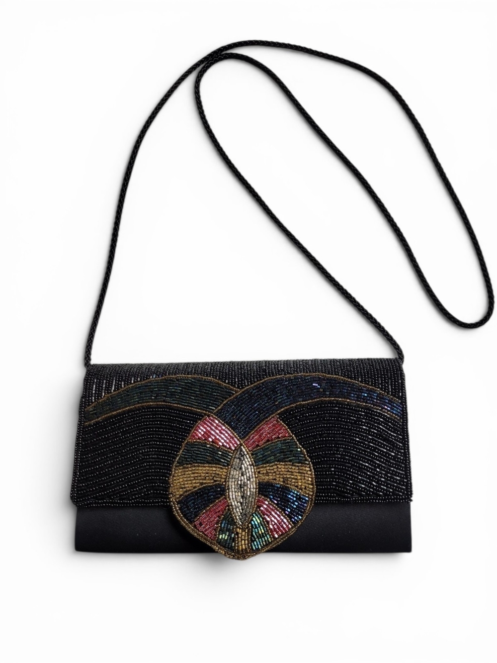 Vintage Kaiho Beaded Evening Clutch Black And Multicolor With Strap